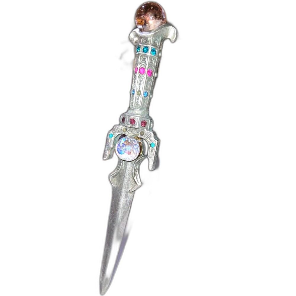 Vintage Pewter Letter Opener with Hilt Inlaid in Colorful Crystals Rose Quartz